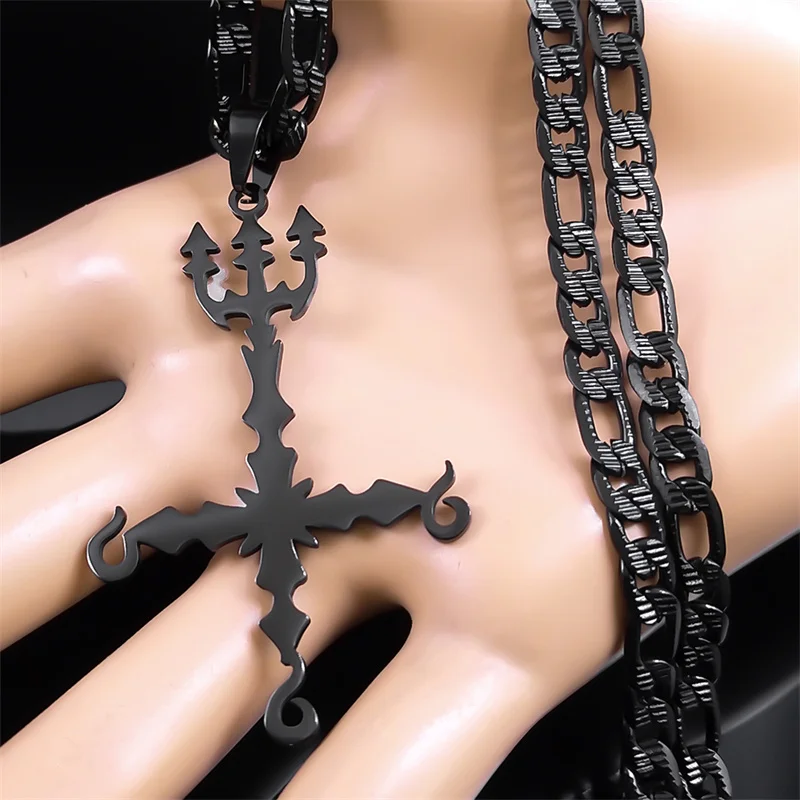 Goth 666 Satan Inverted Cross Necklace Women Men Stainless Steel Black Color Upside Down Cross Pendant Necklaces Jewelry N8055