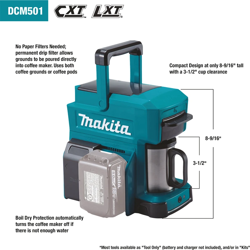 Makita-cafetera DCM501Z con batería de litio de 18v, máquina de café ligera para el hogar, herramienta desnuda azul