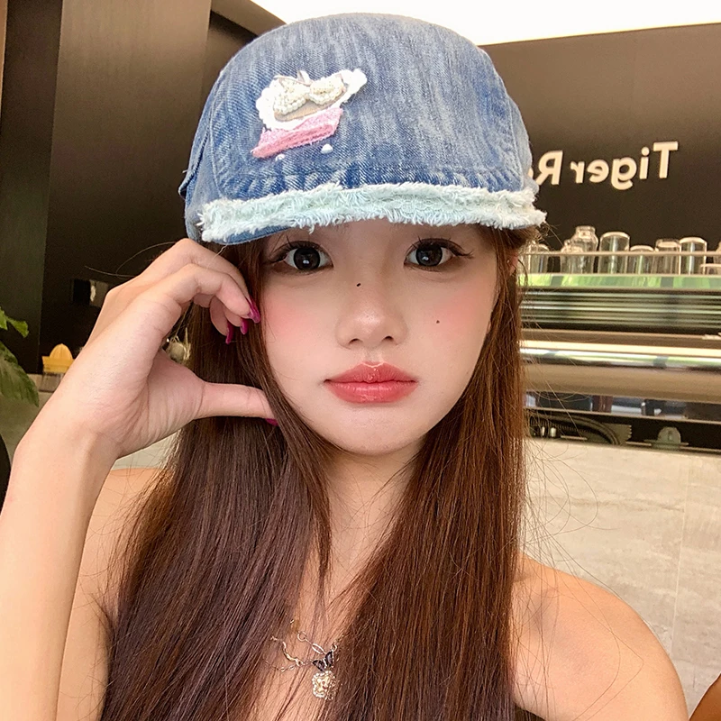 اليابانية الحلو اللؤلؤ القوس تصميم غسلها الدنيم إلى الأمام قبعة المرأة الصيف تنفس تنوعا ظلة شقة أعلى بلغت ذروتها قبعة #1