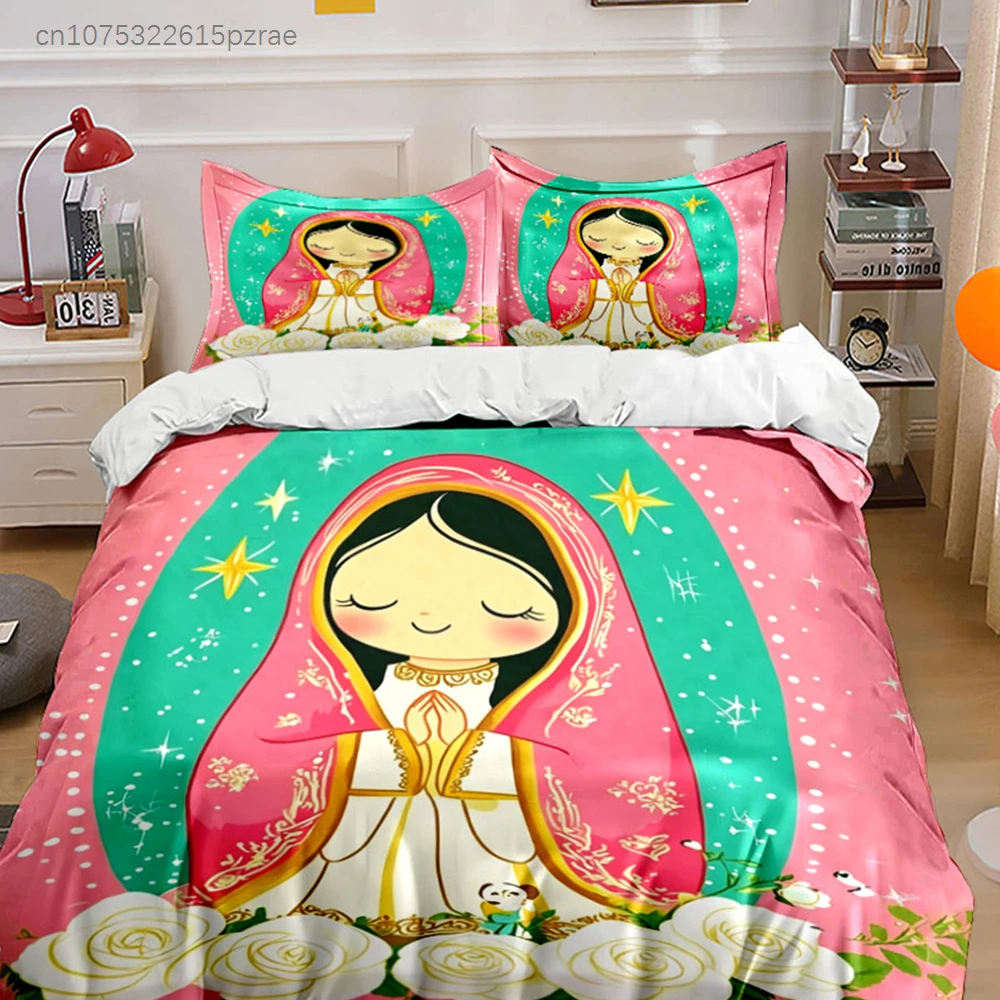 3PC Our Lady Bedding set,Bedroom Decor,Elegant Religious Fitted Duvet cover& Pillowcases,Bedding With Virgin,Twin/Full/Queen