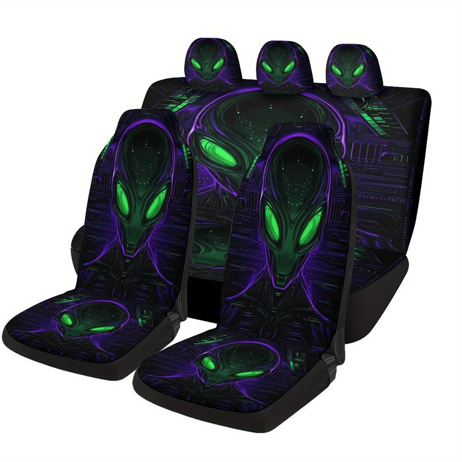 Alien Face Designed Car Seat Cover Set | Universal Fit, Polyester Material, Non- Fabric, Fashion Novelty Seat Protectors For Fro