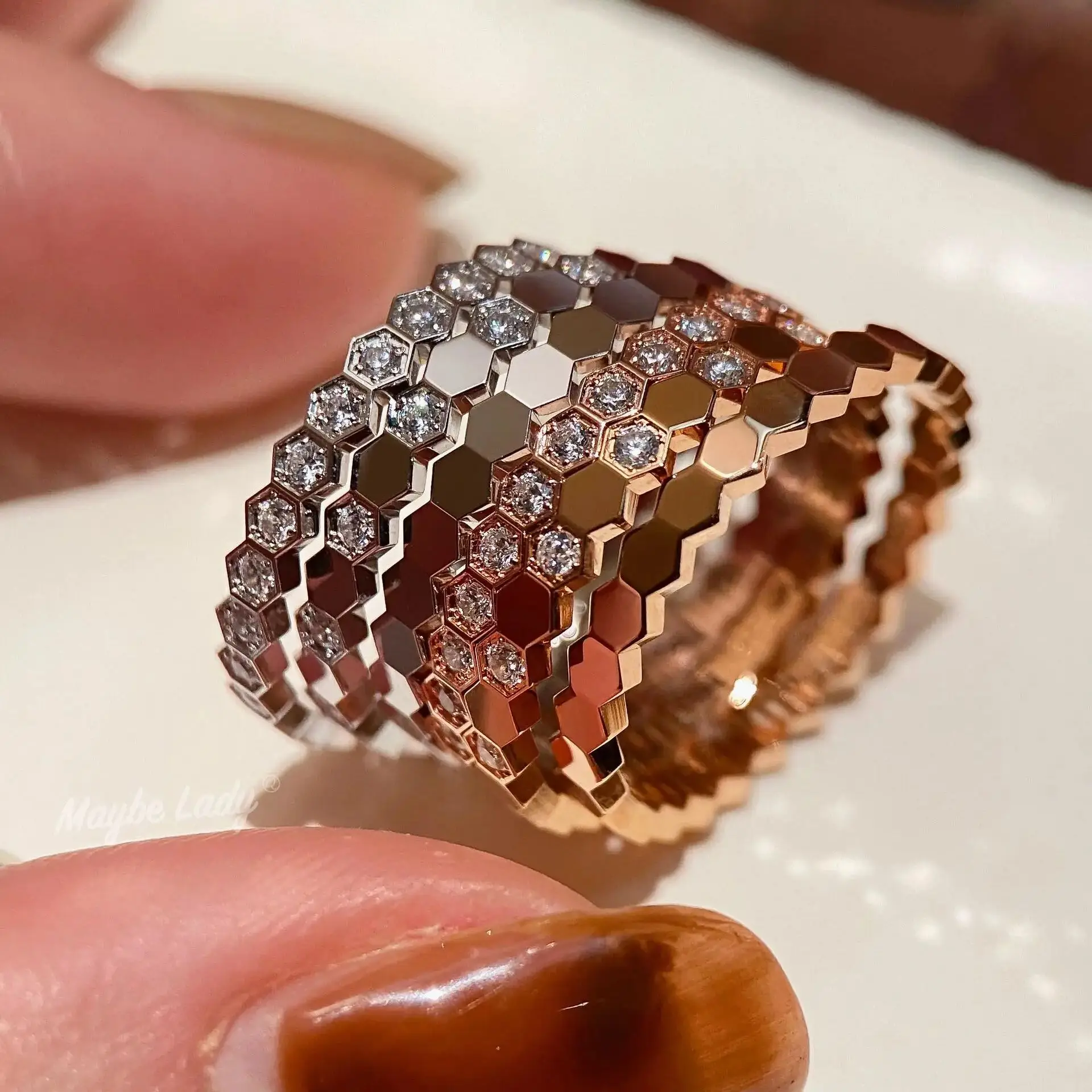 

Hot sales Hexagon Honeycomb Shape Fashion Women's Ring Stackable for Wearing Silver 5A-grade Zircon High Quality Holiday Gifts