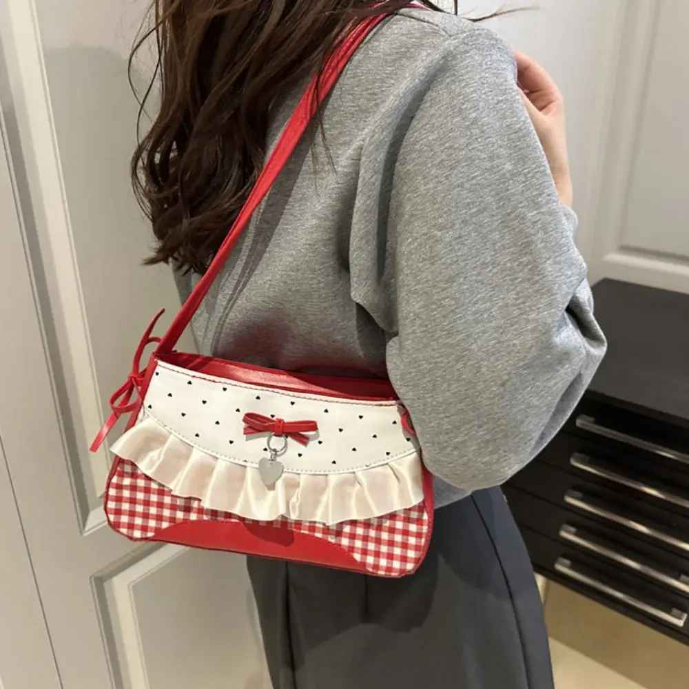 

Fashion French Lace Bow Shoulder Bag Sweet Bowknot Polka Dot Handbag Y2K PU Armpit Bag School