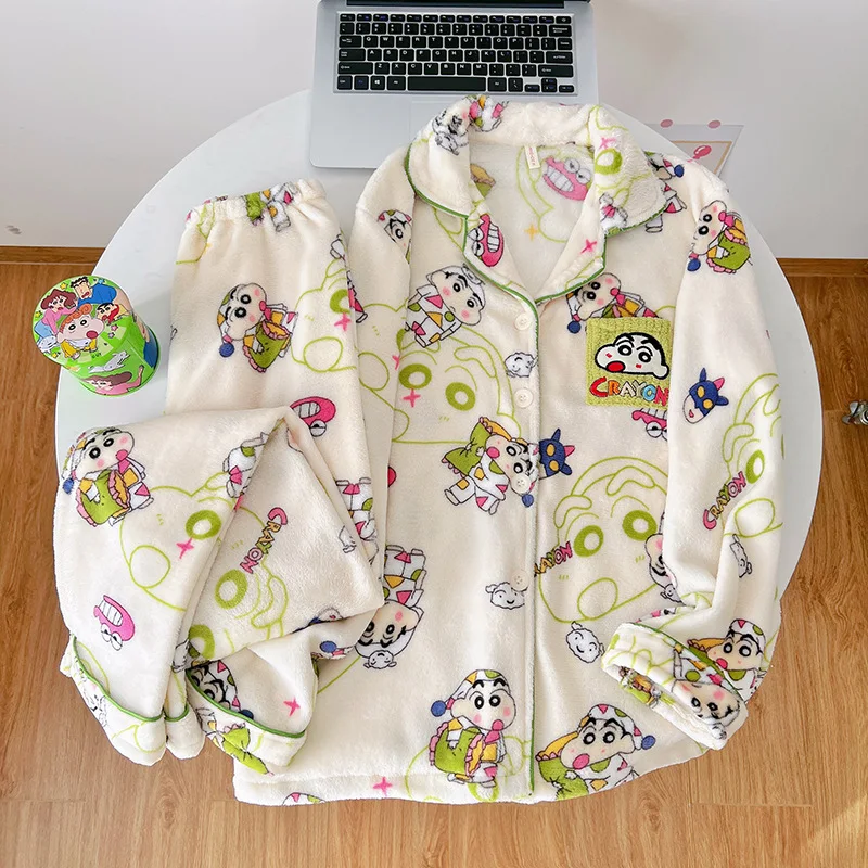 

Плюшевый пижамный комплект для женщин в стиле аниме «Краяно Шин-Чан», зимний, с длинными рукавами и длинными брюками, милый, женственный, фланелевый, теплый, для дома