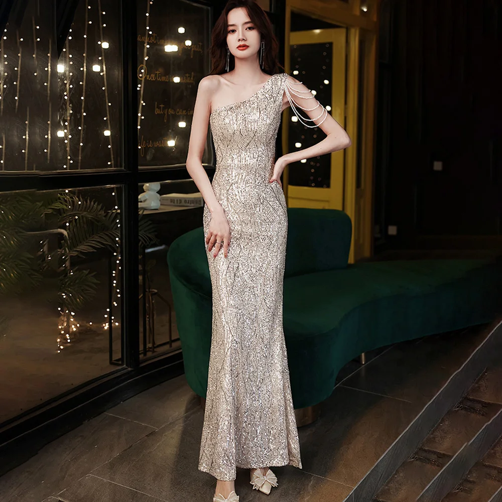 

Light Luxury Sequins Fishtail Evening Dress Women's One Shoulder Sleeveless Tassel Prom Gowns Summer Slim Fit Party Dresses