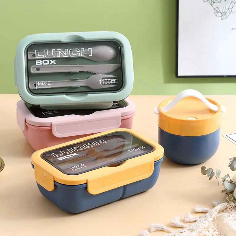 1100ML Lunch Box For Adults and Student ,3 Grids Leakproof Microwaveable Seal Bento Box With Fork Spoon and Knife