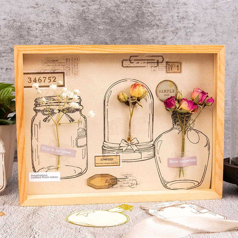 غطاء زجاجي خشبي مزين بالزهور، قاعدة مواد DIY، تصميم فني رجعي، زجاجة زهور لإمدادات الأعمال والثقافة.