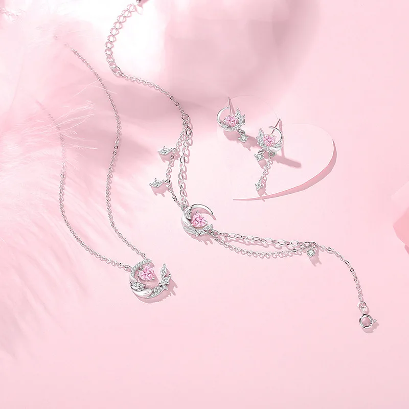 European Pink Heart AAA CZ S925 Sterling Silver Necklace Chain Love Wing For Women Birthday Jewelry