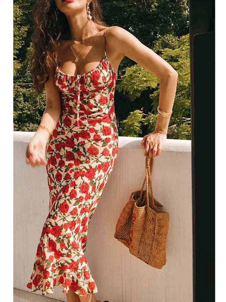 Rose Red Flower Printed Black Bodycon Summer Dress Women 2024 Beach Boho Maxi Slip Sundress Ruffles Sleeveless Long Floral Dress