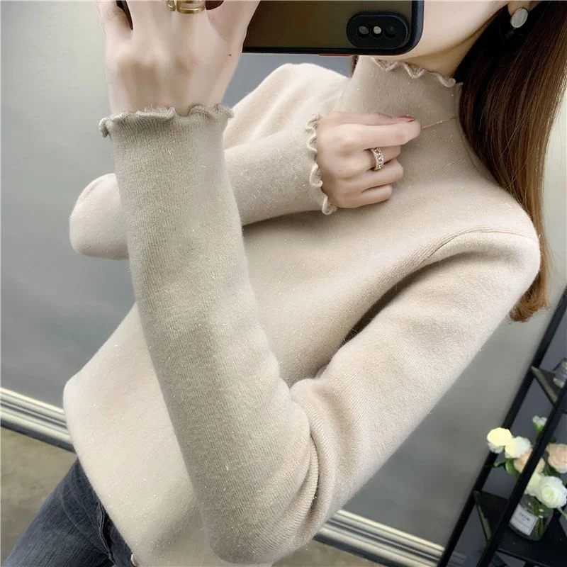 New Winter Turtleneck Bottoming Long Sleeve Top Korean Fashion Half High Neck Wood Ears Bright Silk Women Thickening Sweaters