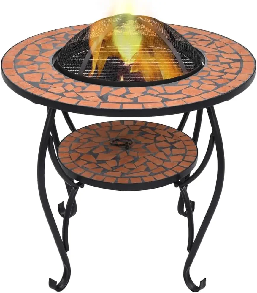 26.8 Inch Mosaic Fire Pit Table, Terracotta Ceramic Outdoor Wood Burning Firepit with Mesh Cover, Spark Screen and Poker for Pat