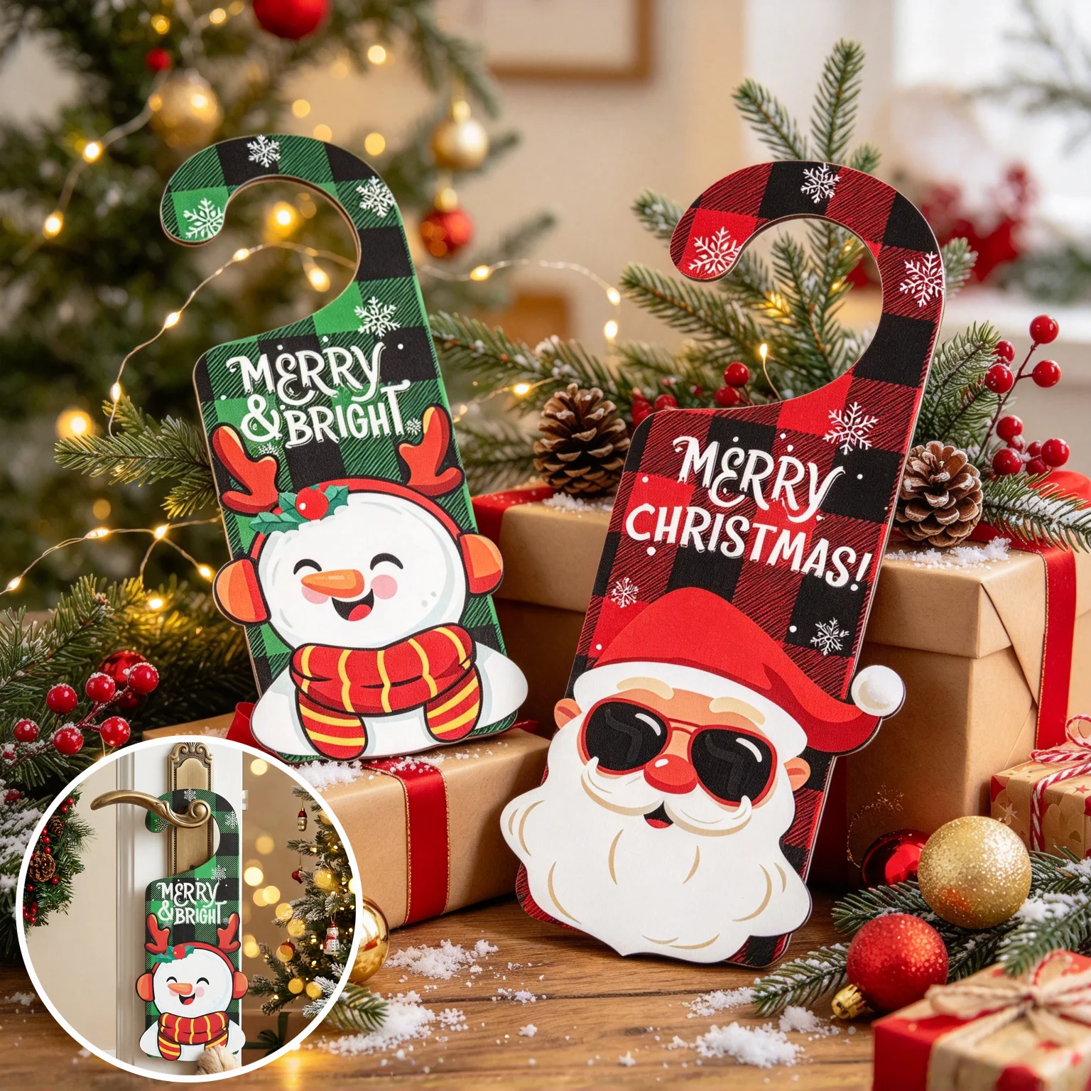 Christmas Door Hanger Sign Santa Snowman Reindeer Wooden Door Knocker Hanging Tag for Home Front Door Holiday Party Decor