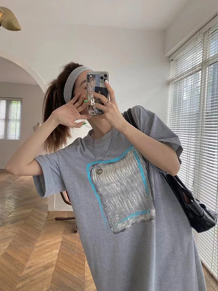 ฤดูร้อนสบายๆเกาหลีแฟชั่นการพิมพ์ Oversize หลวมยาว T เสื้อรอบคอแขนสั้นชุดผู้หญิง Vestido