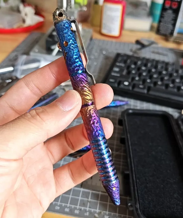 Used EDC Titanium alloy tactical pen with dazzling starry sky texture blue purple gradient fitget decompression toy