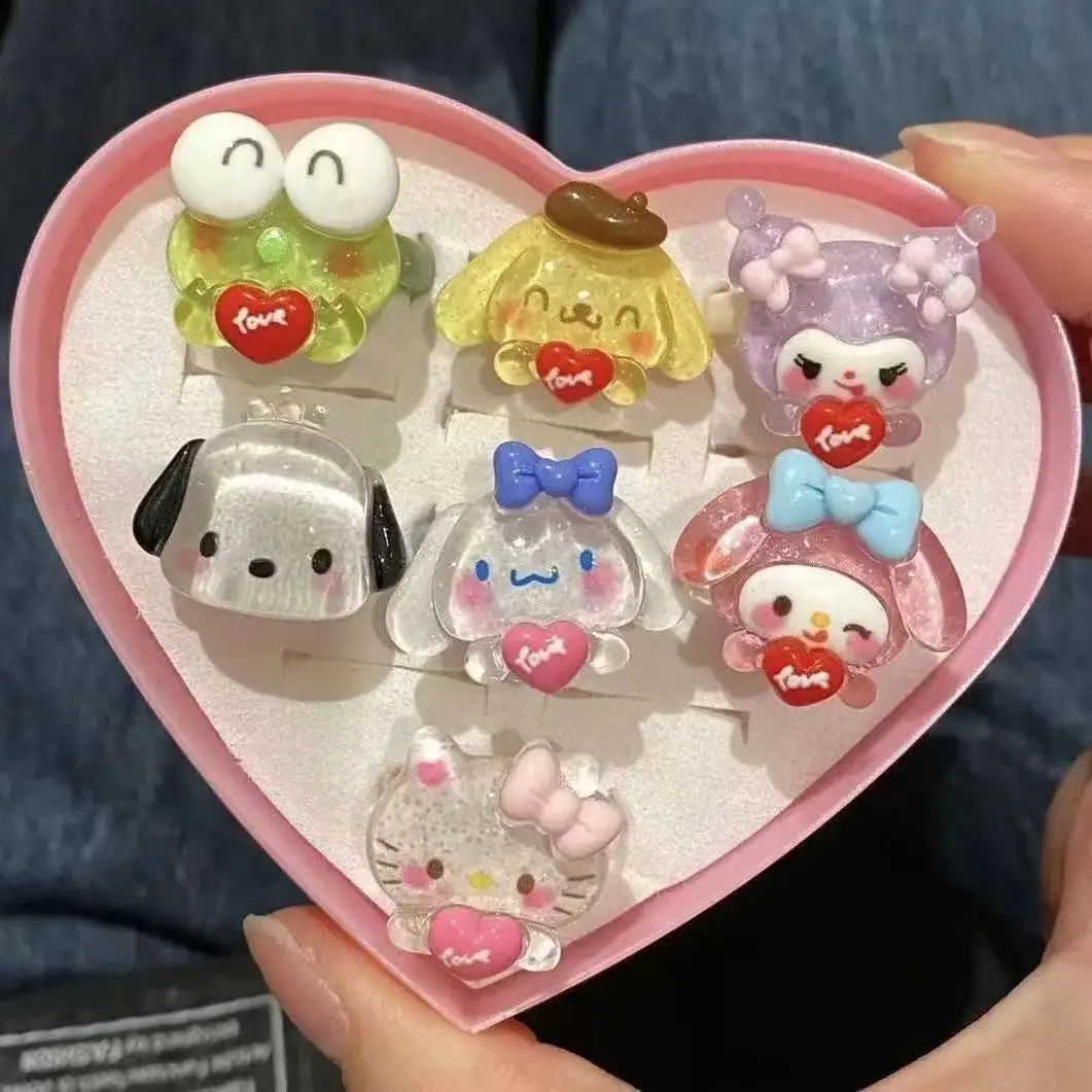 7pcs Cute Anime Sanrio Hello kitty Cat Adjustable Cute Girl Heart shaped Gift Box Resin Decorative Cartoon Birthday Party