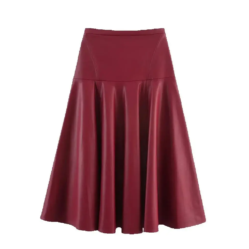 

European and American style women's clothing, light mature style, fashionable temperament, pleated imitation leather skirt