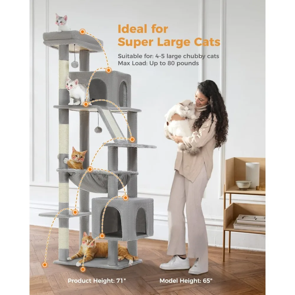 شجرة قطط كبيرة مع أرجوحة كبيرة جدًا، برج قطط طويل القامة 71 شديد التحمل، 4 أعمدة خدش من السيزال، 2 مستويات واسعة للقطط #2