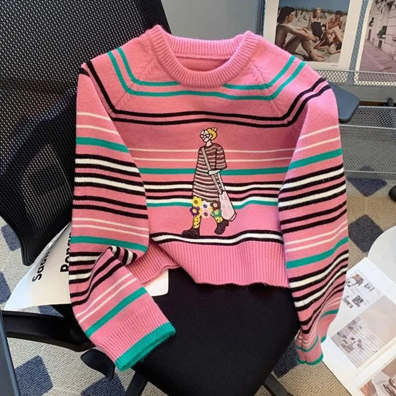 

Cartoon Embroidery Stripe Sweater Pullovers Women Casual Knitwear korean reviews many clothes O Neck Long Sleeve Knit Sweater