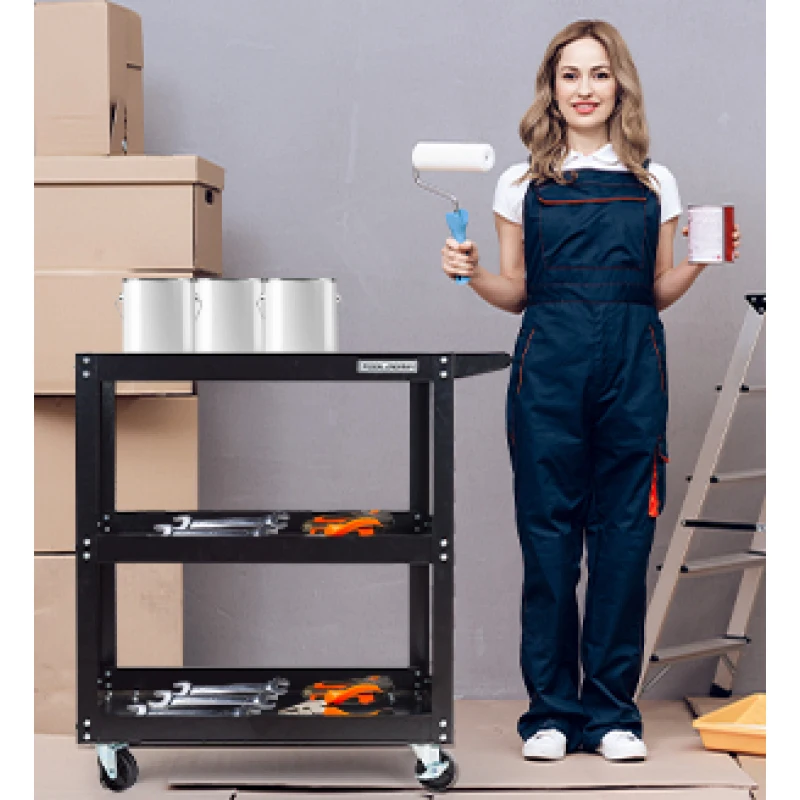 รถเข็นเครื่องมือ วัสดุเหล็ก ทนต่อการกัดกร่อนและความทนทานที่ดี ใช้สําหรับจัดเก็บเครื่องมือ ประกอบง่าย สีดํา