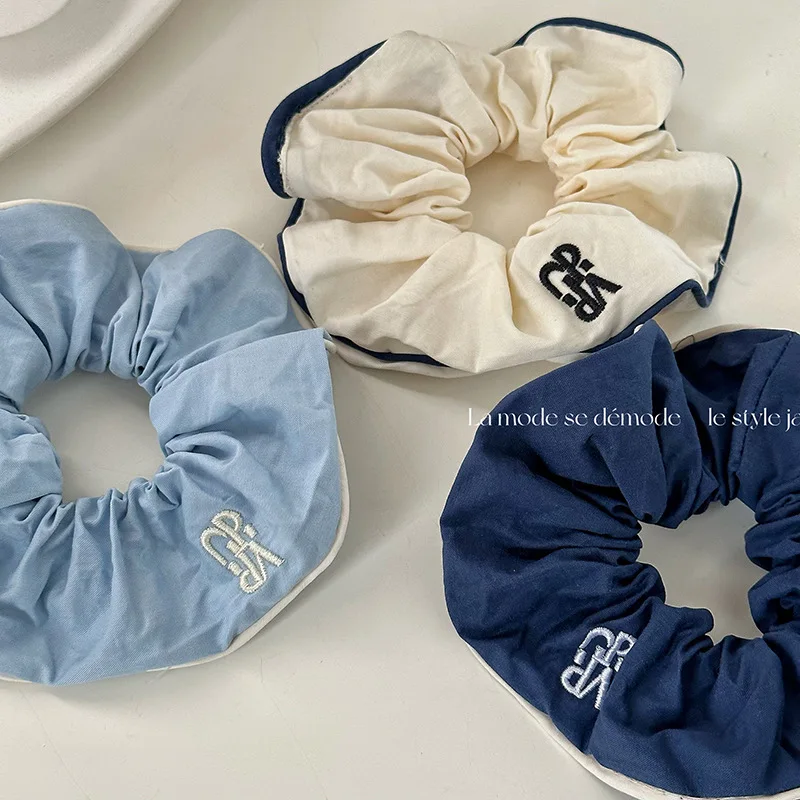 

Large Scrunchies Embroidery Letters Blue Color Hair Tie Ponytail Holder Elastic Hair Band Rubber Bands Women Hair Accessories