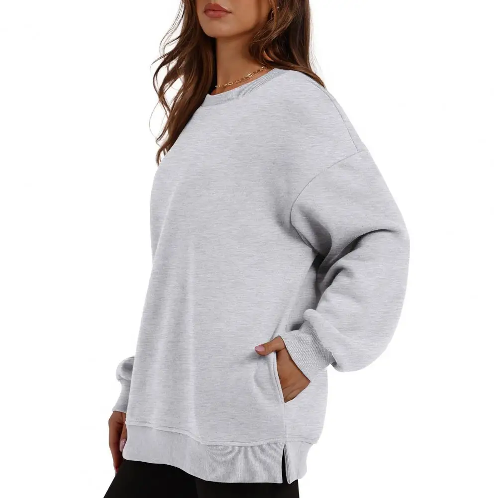 Women Top Cozy Plush Women's Sweatshirt with Split Hem Pockets Warm Winter Pullover for Daily Wear Sports Loose Fit Mid-length