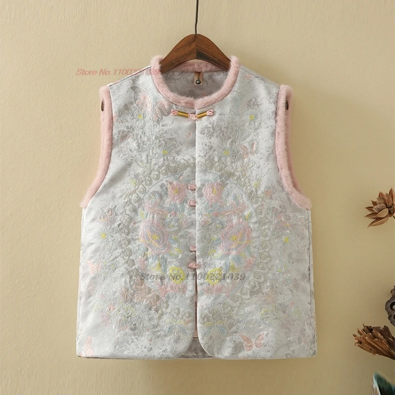 2025 chinese vintage stand collar vest hanfu tops national flower embroidery cotton-padded vest sleeveless jacket ethnic vest