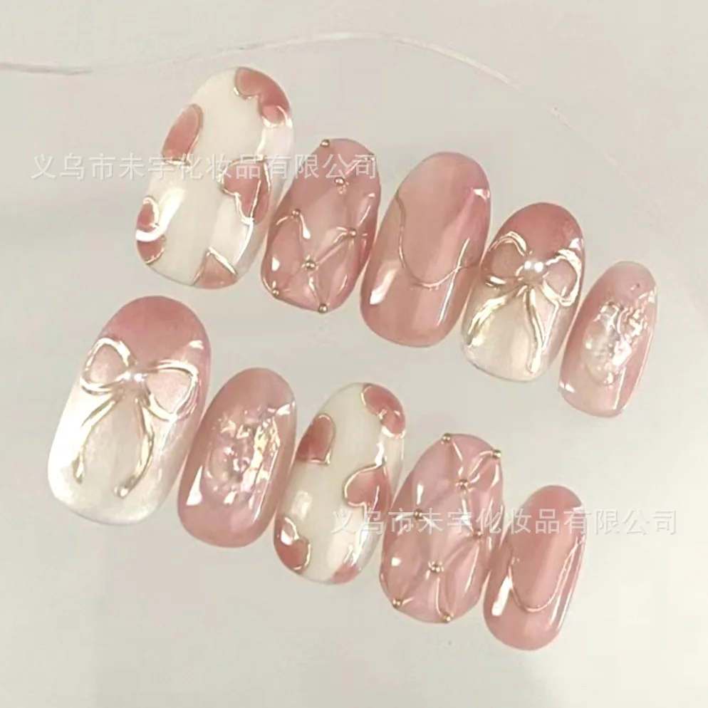 24pcs Cat's Eye French False Nails Tips Flower Diamond Decor Stick on Nail Round Almond Fake Nail Art Pink Oval Press on Nails