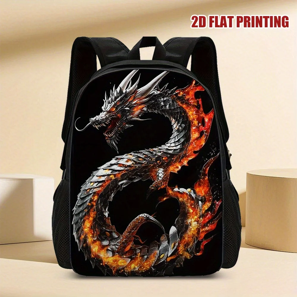 

One 2D Flat Flame Black Dragon Backpack - Large Capacity Travel Backpack, Adjustable Shoulder Strap, Zipper Open
