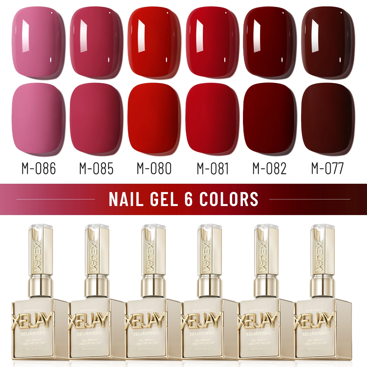 XEIJAYI 6-teiliges Gel-Nagellack-Set der Red-Serie, UV-LED-Gele für die Nagelpflege, semi-permanent, zum Selbermachen, Nagelkunst-Gel in Salonqualität für den Frühling