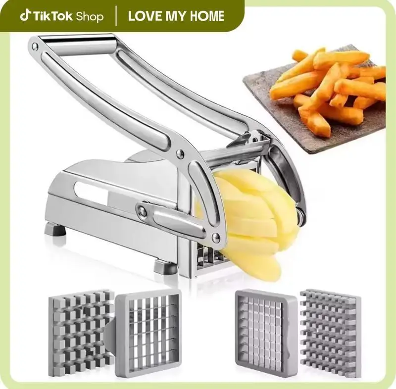 Manueller Pommes-Frites-Schneider mit 2 Klingen, Edelstahl-Kartoffelschneider für Pommes, Karotten & Gurken, Küchenhelfer für Heißluftfritteusen, Perfekt