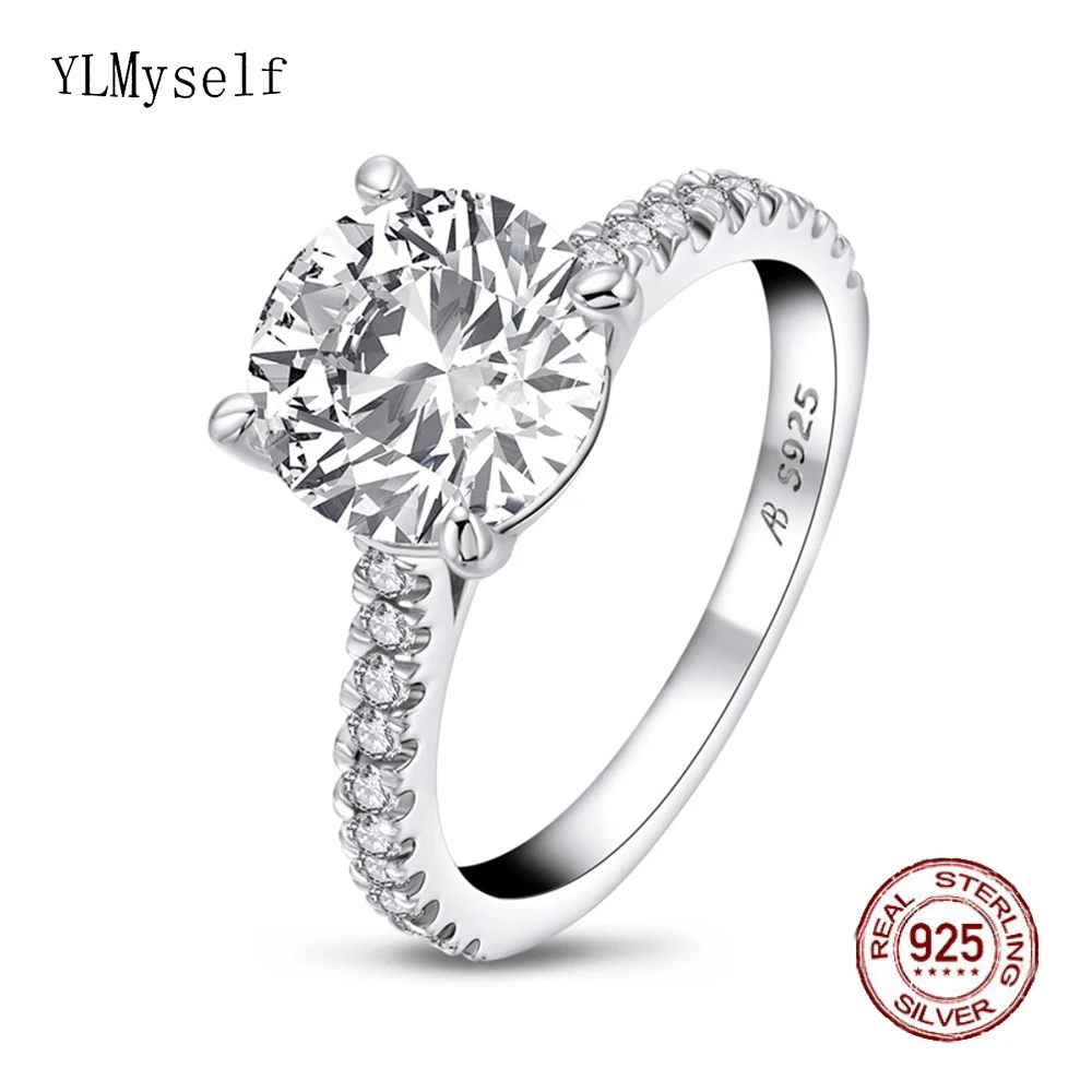 

Solid 925 Silver Ring Setting 9.5 mm Round Sparkly Zircon, Real Shiny Rhodium Plating Engagement Fine Jewelry Bridal