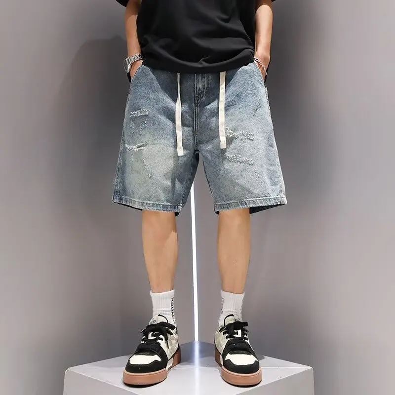 

plus Size American Retro Hole Denim Shorts Men's Summer Loose High Street Cool Zipper Five Parts Pants Breathable Casual Jeans