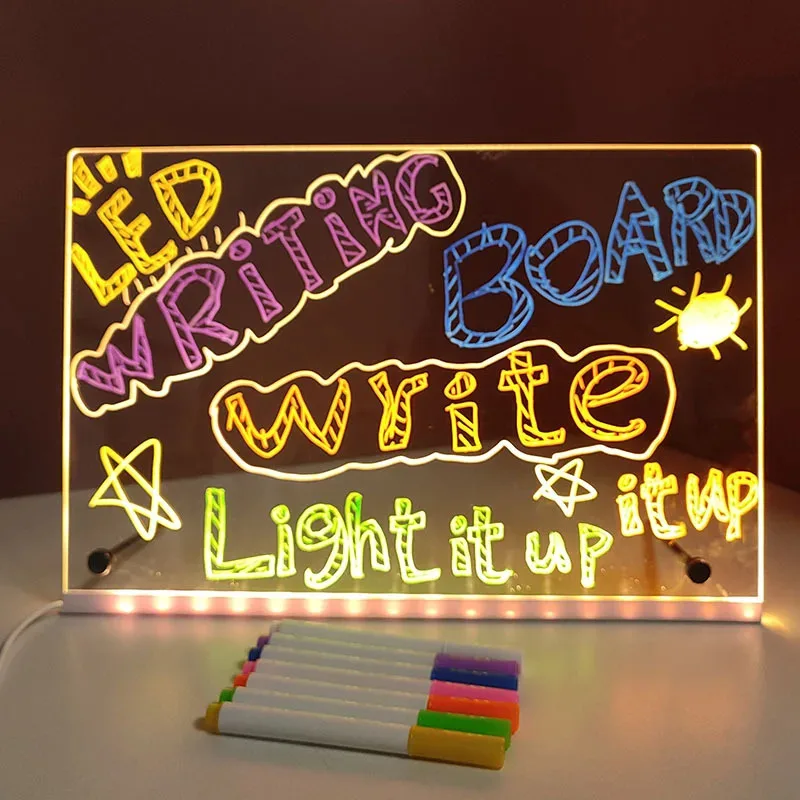 Placa de nota led luz noturna com 7 canetas coloridas diy placa de mensagem acrílica apagável pintura prancheta para crianças presente de aniversário