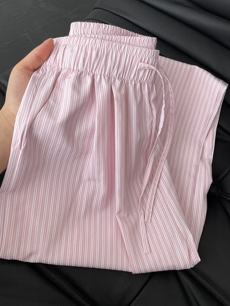 

Повседневные широкие брюки синего цвета в полоску из ледяного шелка, женские весенне-летние свободные брюки с высокой талией для миниатюрных дам