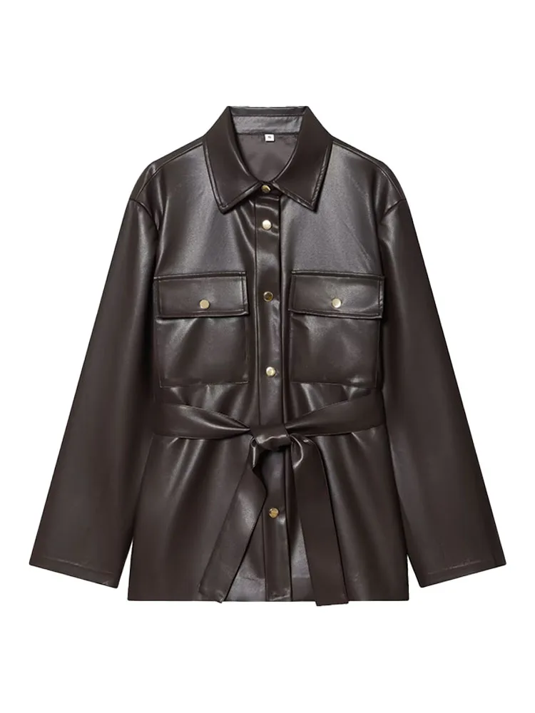 HH سترات عصرية للخريف للسيدات بياقة مقلوبة وأكمام طويلة وحزام مزخرف بصدر واحد معاطف نسائية عالية الشارع