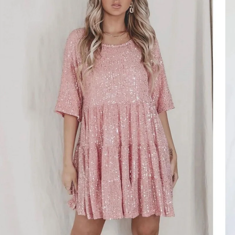 Sexy Women Sequined Mini Dress Casual Short Sleeve A-Line Dresses O Neck Lace Up Party Club New Year Dress Vestidos Festa Luxo