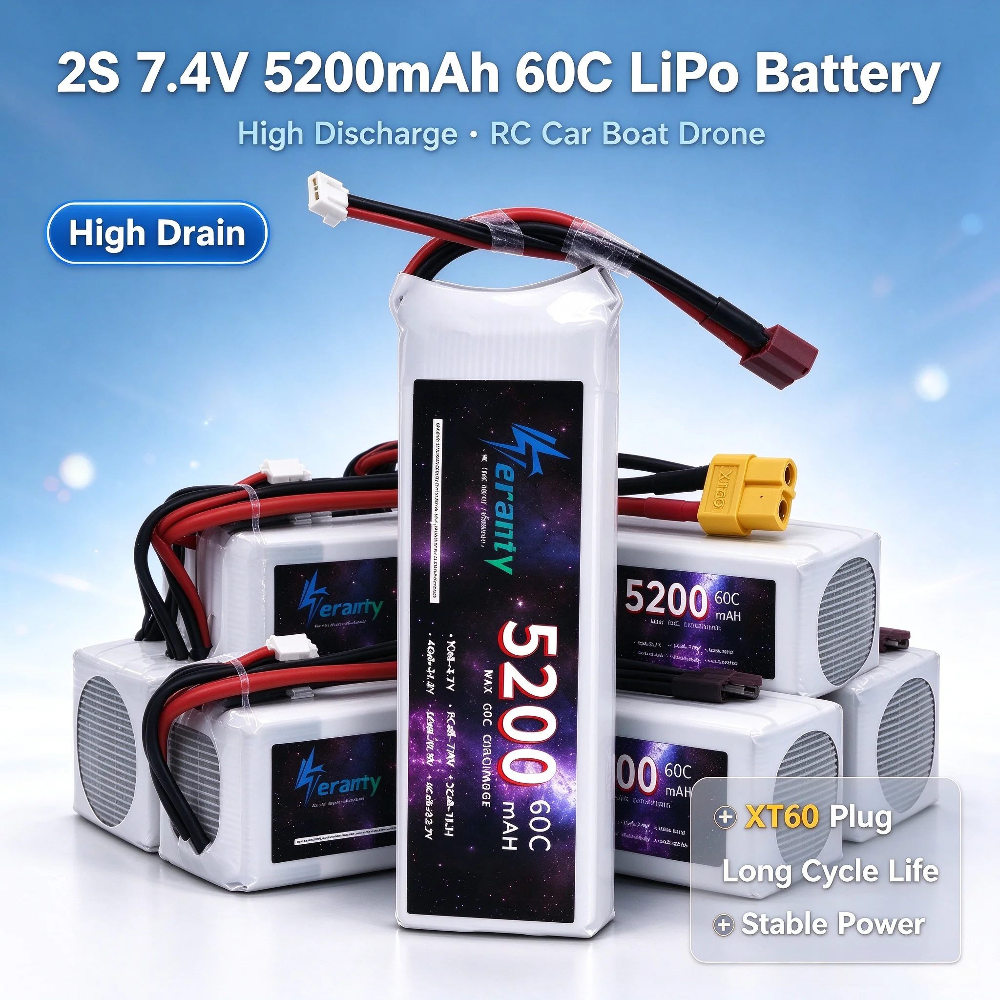 7.4V 5200mAh 60C 2S RC LiPo Battery, High Discharge Lipo with XT60 Plug for RC Car Boat Drone, Long Cycle Life Stable Power