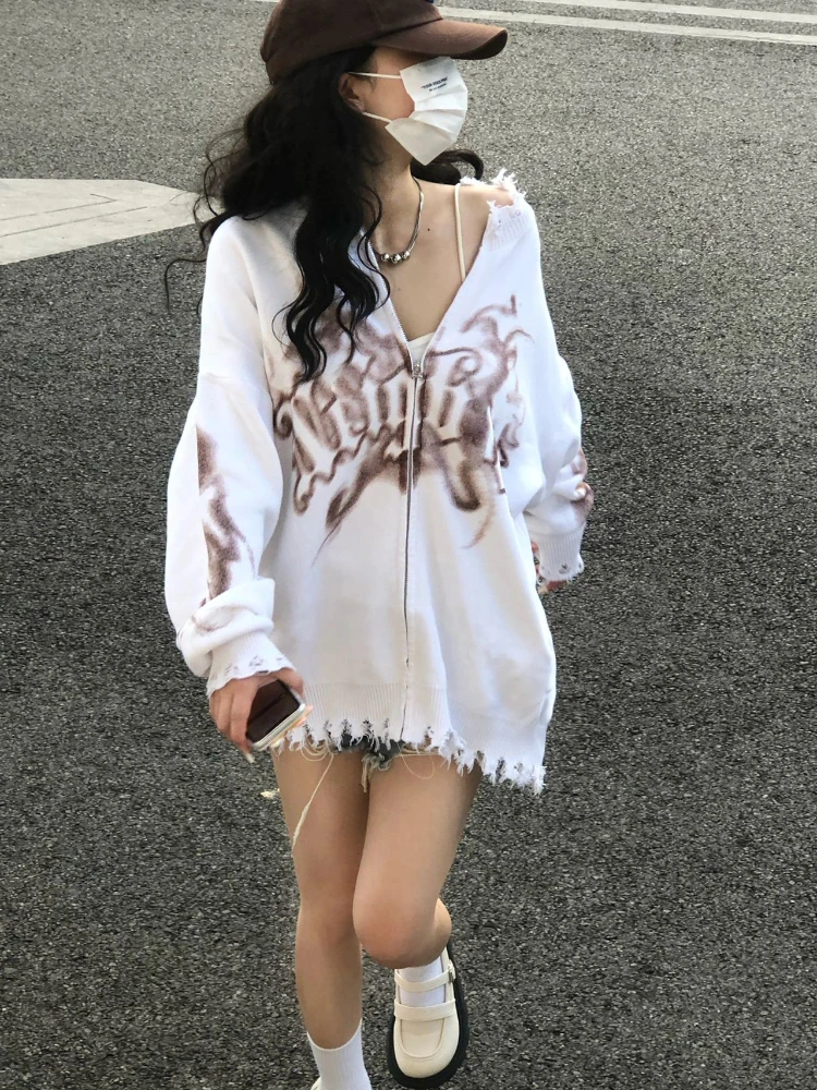 KOSAHIKI Y2k Cardigan Women Ripped Oversized Jumper Vintage Tie Dye Letter Knitted Zipper Sweater Jackets Harajuku Streetwear