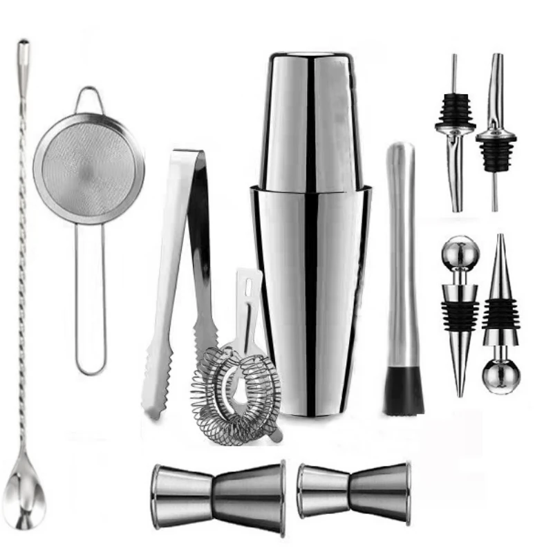 

13Pcs/Set Stainless Steel Cocktail Shaker Ice Tong Mixer Drink Boston Bartender Browser Kit Bars Set Professional Bar Tools