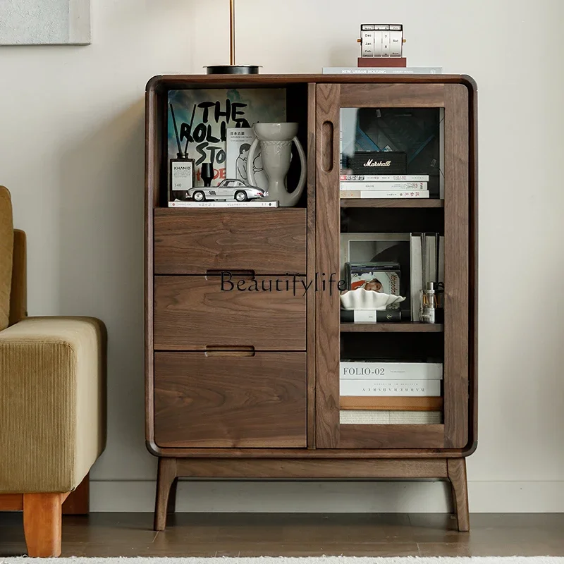 

P13North American Black Walnut Side Cabinet All Solid Wood Nordic Glass Door Locker