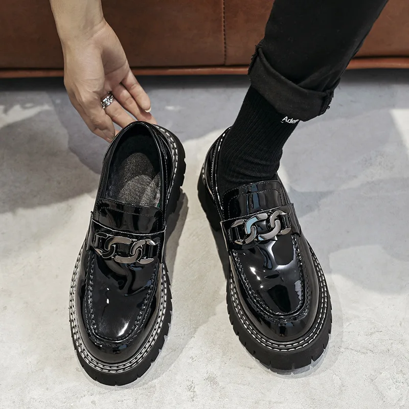 

men fashion patent leather shoes slip-on driving shoe wedding party dress black trendy platform loafers brand designer footwear