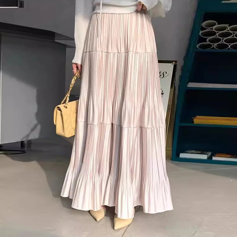 シックな春の新ハイウエストプリーツ A ラインロングスカート女性のフロック綿韓国スタイル通勤ハイウエストデザイン
