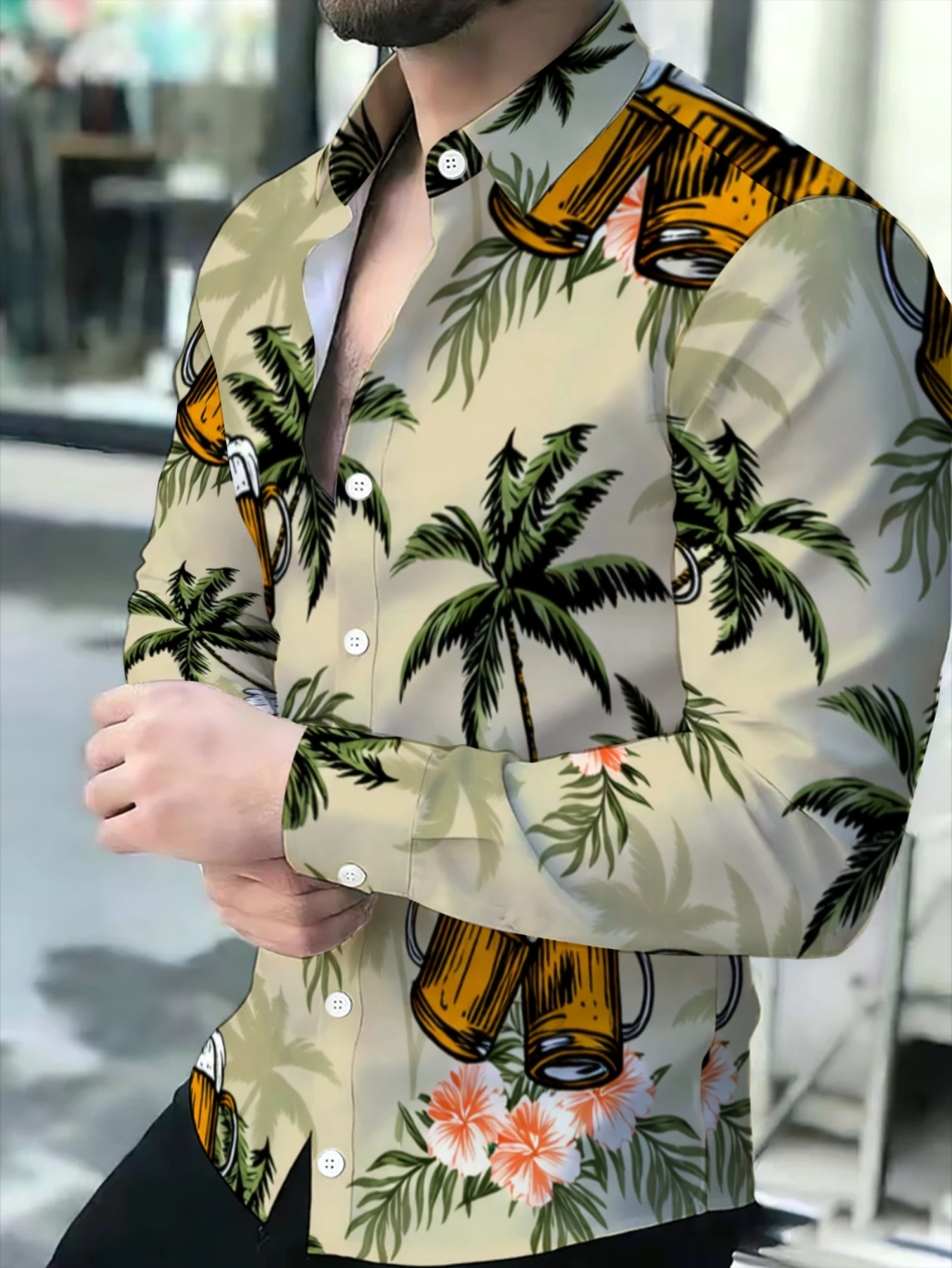 Men Lapel Collar Shirt Cream‑Beige Tone Hawaiian Palm‑Tree Hibiscus Floral Beer‑Cup Graphic Polyester Long‑Sleeve Top