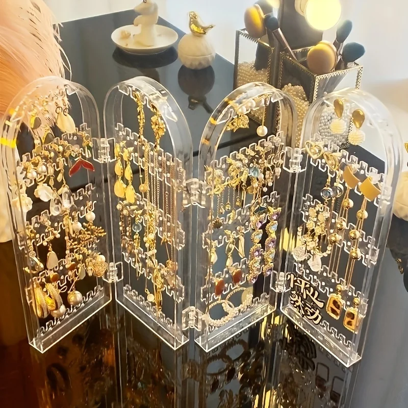 

Foldable Double-Sided Screen Jewelry Display Stand, Plastic Jewelry Organizer Rack for Earrings & Necklace Storage