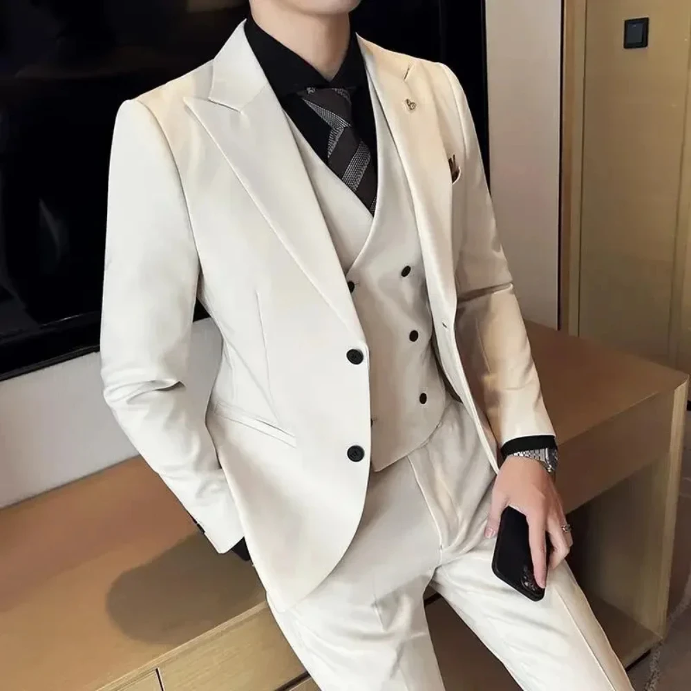 2024 Peak Polo Collar Men's 3-piece Suit Jacket Vest Pants Fashion Slim Fit Business Casual Office Set Elegant Wedding Clothing