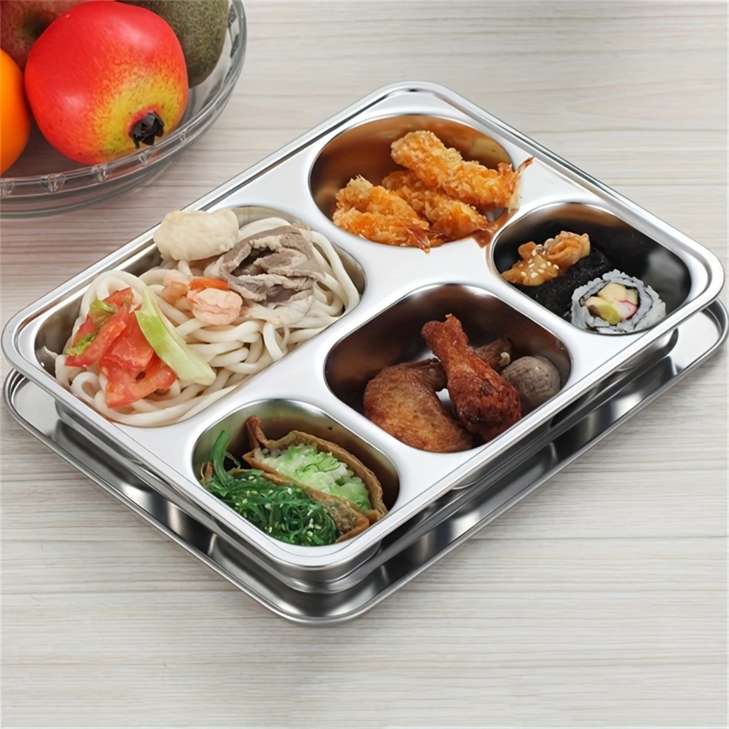 Stainless Steel Deep Dinner Plate - Square 5-Compartment Fast Food Tray For Adults & Students, Thickened Serving  For Cafeteria 