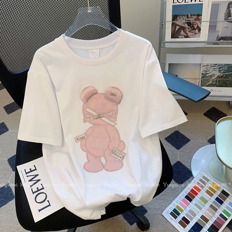 Summer T shirt Women Luxury Designer Bear Cartoon Loose Oversized Top Women\'s Clothes Korean Fashion Tshirt Women