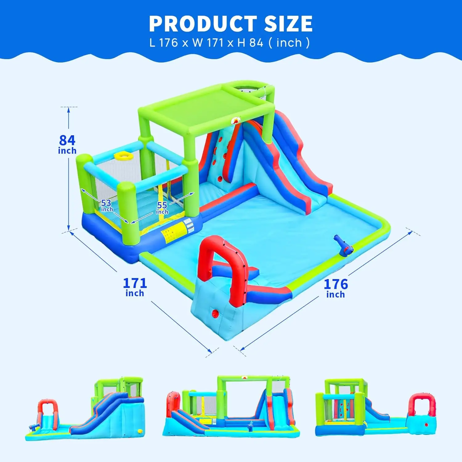 Inflatable Water Slide & Water Park with Blower, Dual Bounce House Jumping Castle with Sunshade, Climbing Wall & Basketball Hoop view 4