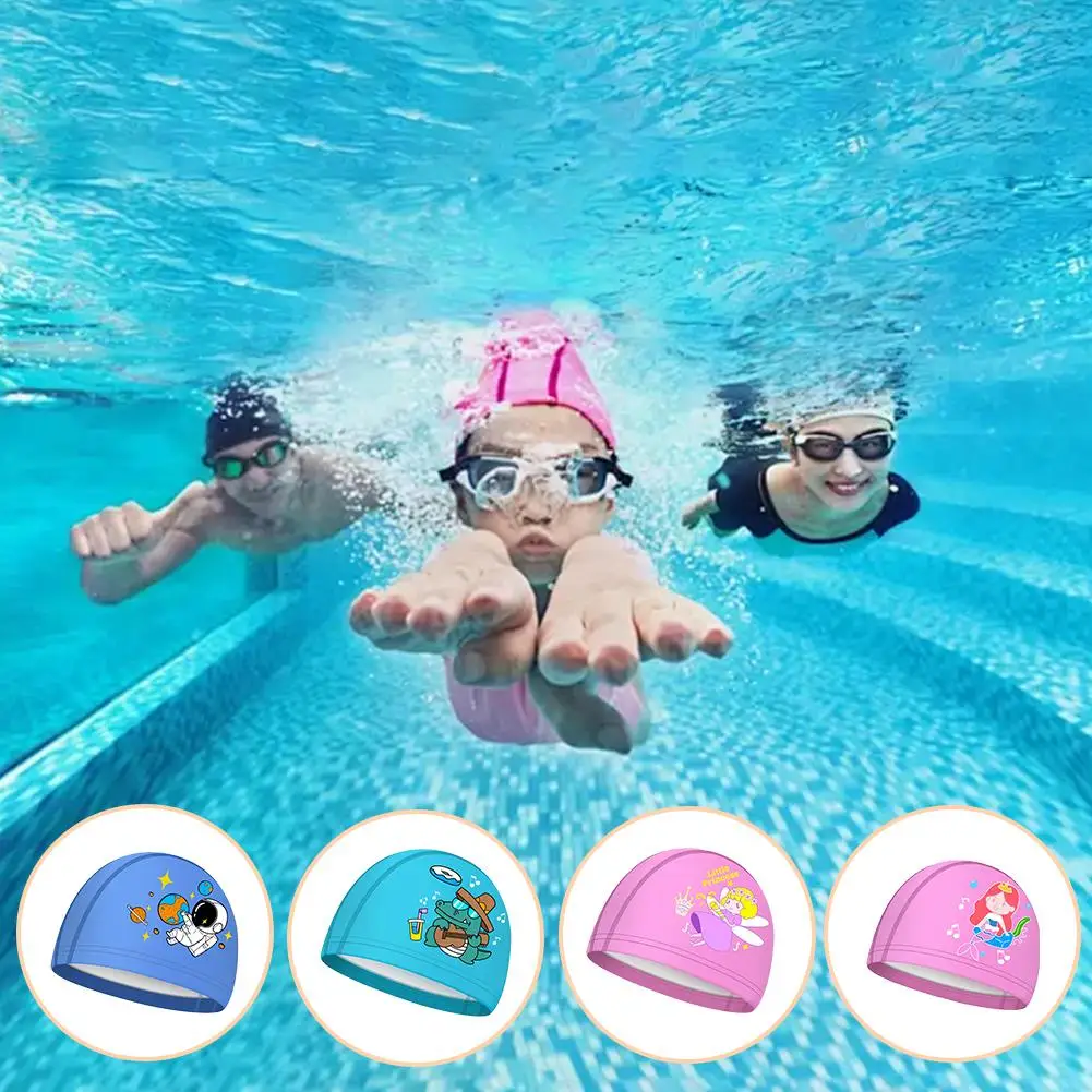 Children\'s PU Swimming Caps Cute Print Interesting Patterns Waterproof Ear Protection Universal Swimming Caps For Boys And Girls