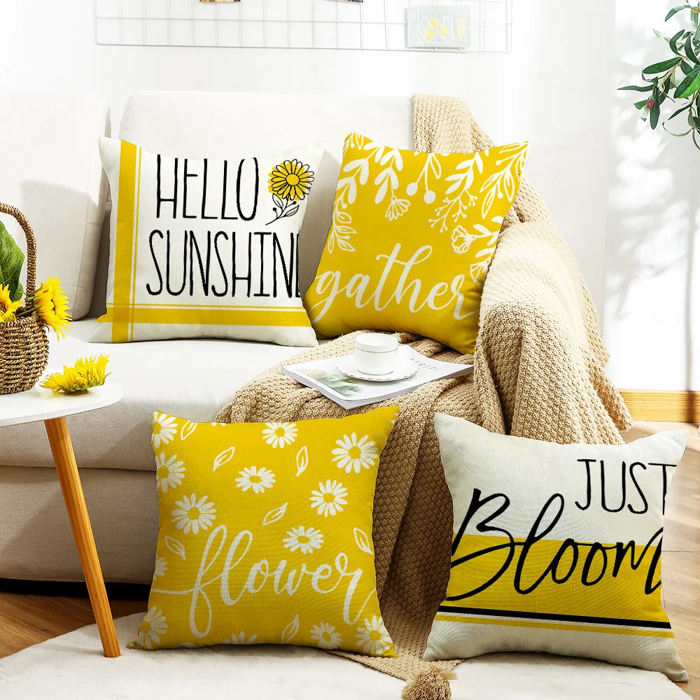 

New Summer Floral Pillow Cover 45x45 Linen Pillow Slips Yellow Daisies Pillowcase Living Room Sofa Seat Decorative Cushion Cover